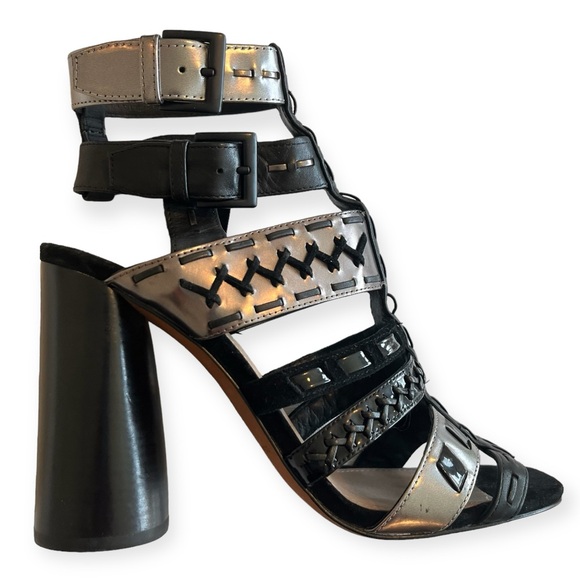 Donald J. Pliner Bindy Black Metallic Strapy Woven Gladiator Heeled Sandals - Picture 5 of 16